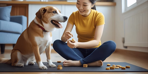 Dog owner using positive reinforcement training to help manage dog mental illness symptoms