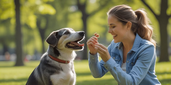 Dog owner conducting positive reinforcement training session with treats outdoors