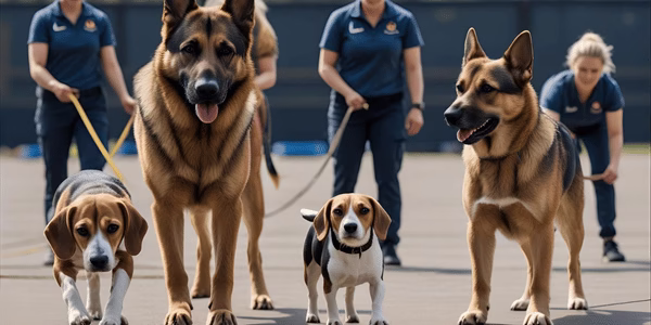 Various dog breeds of different sizes and personalities during training session