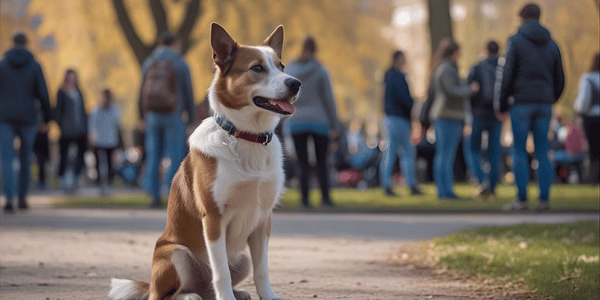 Dog demonstrating reliable obedience commands in distracting park environment