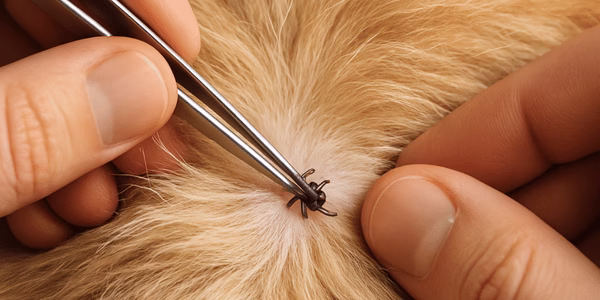 Proper tick removal technique using tweezers on dog's skin - safe parasite removal demonstration