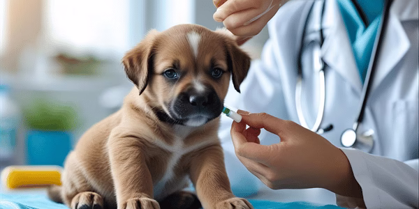Cute puppy receiving preventive medication from veterinarian - early parasite prevention care