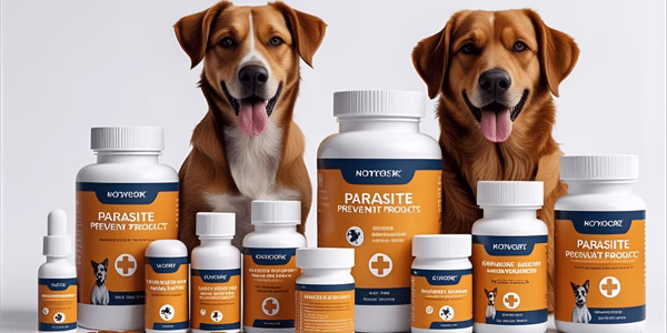 Various dog parasite prevention products - chewable tablets, topical treatments, and preventive medications