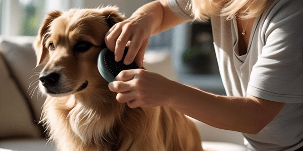 Dog owner carefully examining dog's fur for parasites during grooming routine - preventive care at home