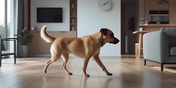 Rescue dog pacing restlessly around home showing signs of separation anxiety