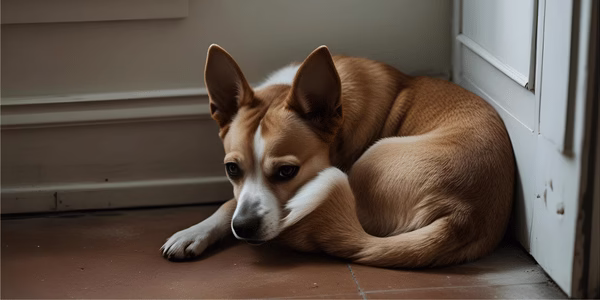 Shelter dog trembling from fear and anxiety despite warm temperature
