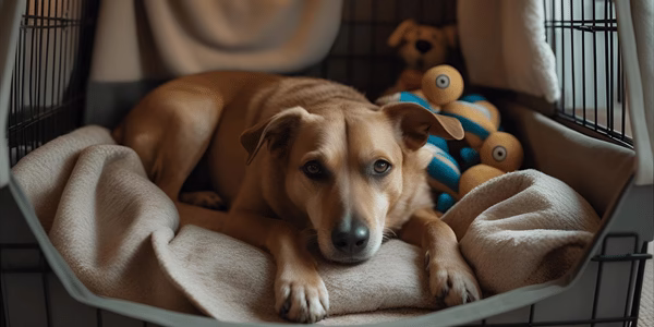 Calm anxious dog relaxing in safe crate den with blankets and toys