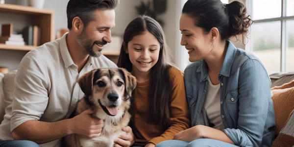 Happy family who just adoped a rescue dog