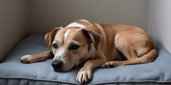 Rescue dog in a dog bed