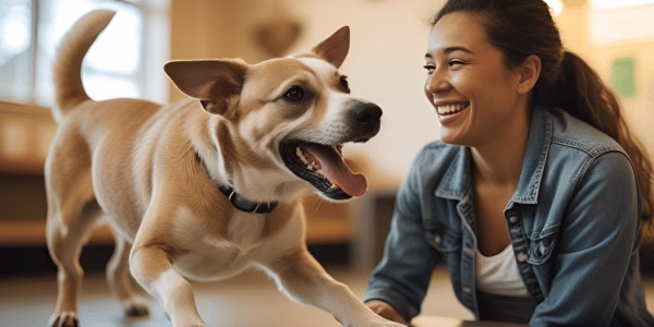 Woman having fun with a rescue dog she just adopted