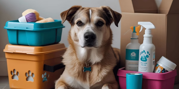 Rescue dog site next to box containing dog shampoo, toys, etc...