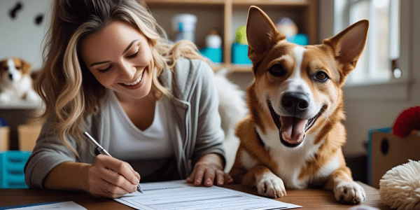 Woman taking medical notes about her rescue dog