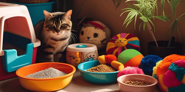 A cat looking at some food bowls