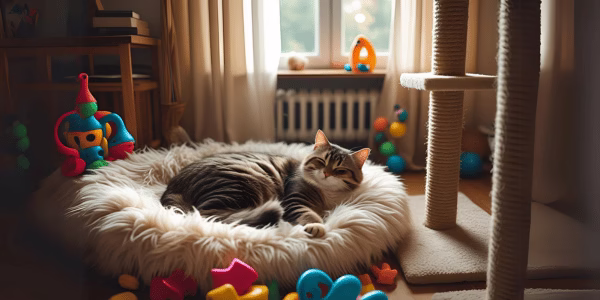 A peaceful and happy adopted cat in his room