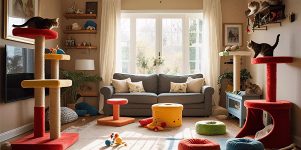 rescue cats in a home full of cat tree and toys