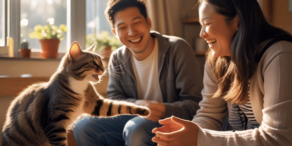 A newly adopted cat playing with his new family
