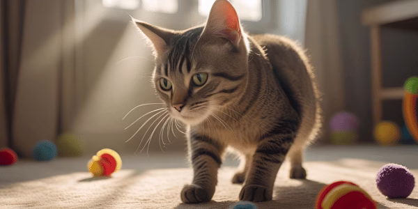 An adopted kitten playing with balls