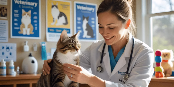 An adopted cat at the veterinarian for a check-up