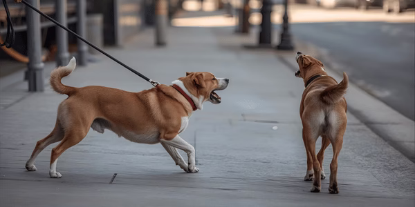 Dog barking and lunging on a leash at another dog during a walk.