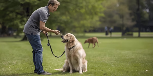 Dog and owner training at a distance from another calm dog, both on leashes, rewarding calm behavior with treats