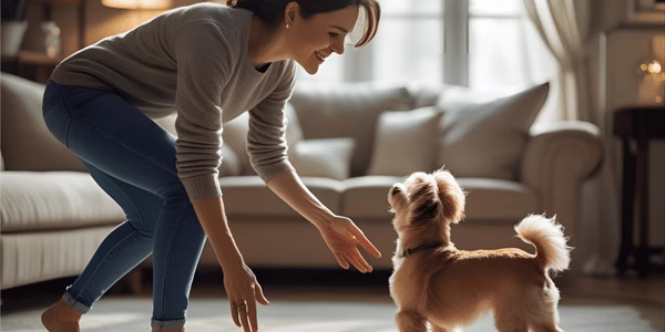 A dog owner training her dog in the living room