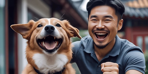 A dog and his owner very happy after a successful training session