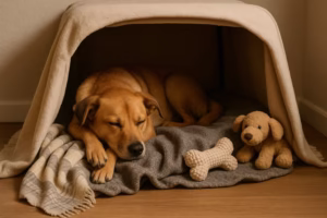 Peaceful dog, relaxed, sleeping on his bed