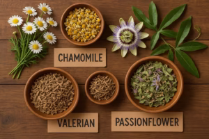 herbal tinctures and dried chamomile flowers for dog anxiety relief