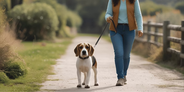A dog owner, walking the dog in peace, very relaxing