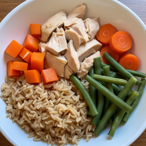 Homemade dish for dogs with chickenm carots and rice