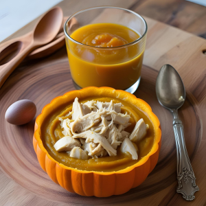 Homemade cat food with chicken and pumpkins