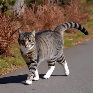 A cat walking outside nonchalent