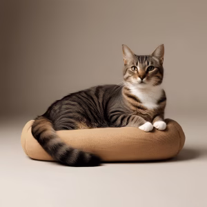 A cat in a loaf position, in his bed, relaxed