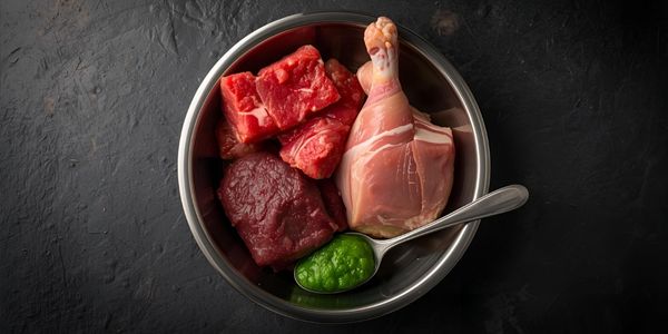 Balanced raw dog food bowl with beef, chicken wing, and organ meat