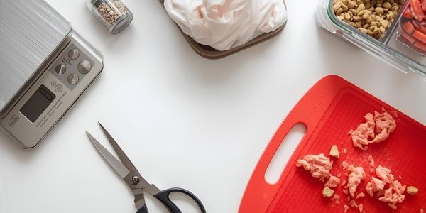 Essential raw dog food preparation tools including digital scale and poultry shears