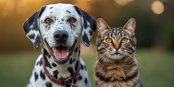 Healthy Dalmatian dog and Tabby cat with shiny coats sitting together outdoors
