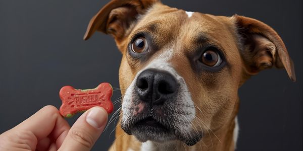 A dog looking with skepticism and refusal at a cheap, colorful bone-shaped treat held in a human hand.