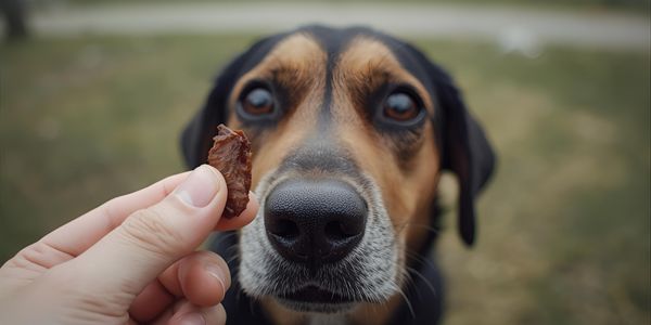 A border collie staring with intense laser focus at a small piece of freeze-dried liver held between a trainer's fingers.