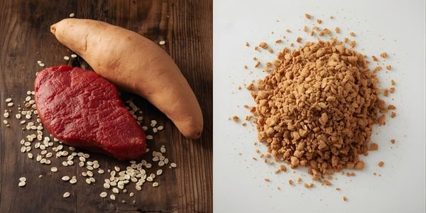 Split screen comparison showing fresh raw ingredients like liver and sweet potato on the left, versus a pile of brown processed kibble dust on the right.