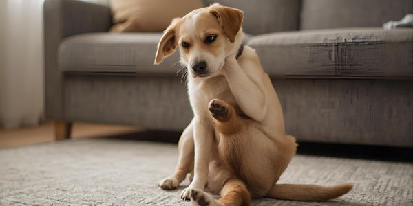 A dog scratching its ear with its hind leg, sitting on a rug, representing common food allergy symptoms in pets.