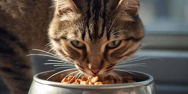 Healthy cat eating wet food from bowl, proper cat nutrition with moisture and protein