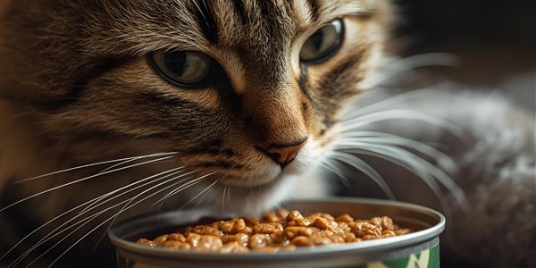 Cat eating canned wet food with genuine interest, showing high palatability and nutritional quality