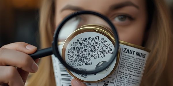 Pet owner examining cat food label with magnifying glass to verify ingredient quality and nutritional content