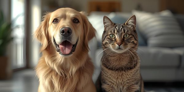 Healthy Golden Retriever and Tabby cat sitting together in a sunlit room, representing pet wellness
