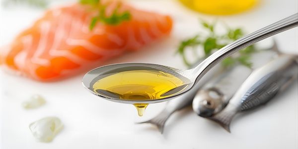 Spoonful of golden fish oil with fresh salmon in background, highlighting omega-3 sources