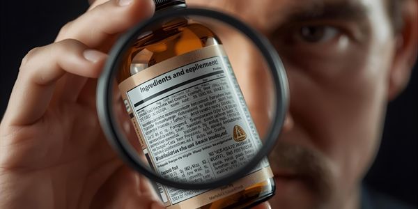 Pet owner reading supplement ingredient label with magnifying glass to check for quality