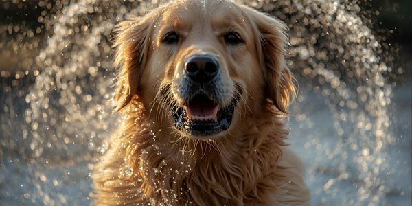 Golden Retriever shaking off water with droplets flying, highlighting natural coat function.