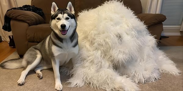 Siberian Husky sitting next to a large pile of shed undercoat fur.