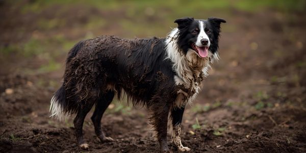 Border Collie covered in mud standing in a field looking happy.
