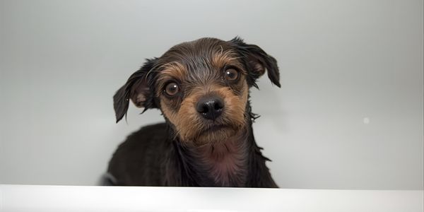 Soaking wet small terrier in a bathtub looking skinny and miserable.